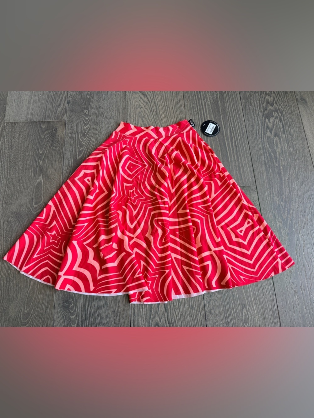 Exotica Lady Labyrinth Red Silky Narrow Waisted Midi Skater Skirt with Pockets